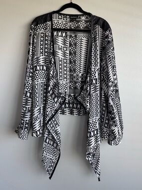 Cotton Express Black and White Sheer Geometric Cardigan Faux Leather Edge 3X